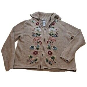 Tiara International Womens Sz L Zip Cardigan Sweater Tan Floral Embroidery VTG
